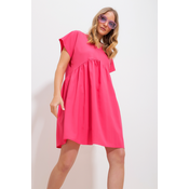 Trend Alaçati Stili Womens Fuchsia V Neck Double Sleeve Flounce Woven Dress