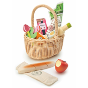 Drvena košarica s tulipanima Wicker Shopping Basket Tender Leaf Toys s cokoladom, limunom, sirom i drugim namirnicama