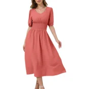 Ženska midi obleka poletna, viskoza 100% vintage retro eleganten kroj roza, velikost L, zračna higroskopska tkanina za vrtne zabave, zmenke