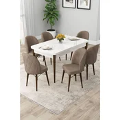 Hanah Home trpezarijski set Rut, sto na razvlacenje i 6 stolica, bela ploca, noge boje oraha, kapucino tkanina Babyface