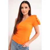 Oranžna bluza z enim ramenom in volančki
