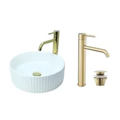 shumee GTM Design Aufsatzwaschbecken 36 cm Glanz Set mit Waschtischbatterie und Stopfen - Aufsatzwaschbecken Oval für Badezimmer - Modern Waschbecken ohne Hahnloch - Waschbecken mit Armature