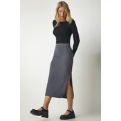 Happiness Istanbul Womens Dark Gray Slotted Corduroy Knitted Pencil Skirt