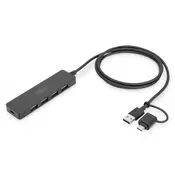USB 3.0 Hub 4-Port, Slimline with USB-C Adapter, 5Gbps, 1,2m cable