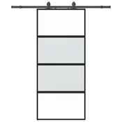 Vidaxl Drsna vrata z opremo črna 90x205 cm kaljeno steklo