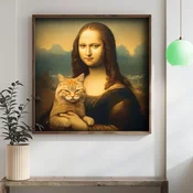 WallXpert uramljena MDF slika DOS062-33, parodija Mona Lize sa ridom mackom u narucju, 34 x 34 cm