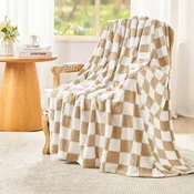 Nikcorp Puhasta odeja v karo 150x200 cm mikrovlakna pregrinjalo za kavč mehka antistatična bež plaid vzorec za spalnico in kavč Oeko-Tex Standard 100