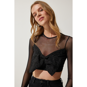 Happiness Istanbul Womens Black Bow Detailed Sheer Crop Blouse
