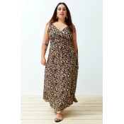 Trendyol Curve Camel Maxi Slit Detailed Leopard Print Woven Dress