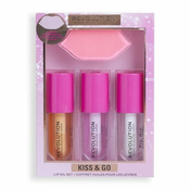 Makeup Revolution Kiss & Go Lip Oil Set Set olje za ustnice Lip Oil Honey 4,5 ml + olje za ustnice Lip Oil Peach Pink 4,5 ml + olje za ustnice Lip Oil Watermelon 4,5 ml + krtačka za piling ustnic 1 kos