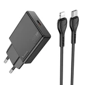 Hoco Mrežni polnilnik za telefon Hoco Slim USB-C QC PD 20 W + kabel USB-C na Lightning N37, črn