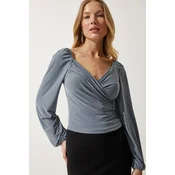 Happiness Istanbul Womens Gray Elastic Balloon Sleeve Sandy Knitted Blouse