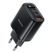 Stenski 30W polnilec Yesido YC69 z digitalnim prikazovalnikom, 1x USB-A, 2x USB-C - črn