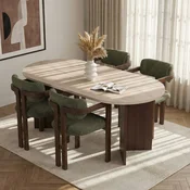 Hanah Home trpezarijski set Meridia, ovalni sto i 4 stolice sa rukonaslonima, travertin, orah Milano i tamni orah, zelena šenil tkanina