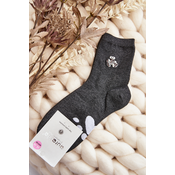 Womens cotton socks with teddy bear applique, dark grey