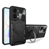 Hibridni trdi PC ovitek za Honor X7a 4G – črna, z drsnim pokrovom kamere in magnetnim stojalom