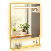 Northix LED kopalniško ogledalo, proti rosenju, 3 svetle barve, 80x60 cm, zlati okvir