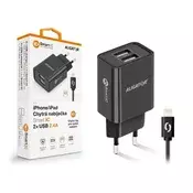 Aligator Omrežni polnilnik 2, 4A, 2xUSB, pametni integrirani vezje, USB kabel za Apple - črn