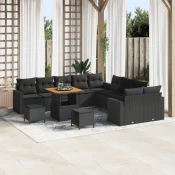 vidaXL 13-delni vrtni kavčni set z blazinami Črn Poly Rattan Akacija