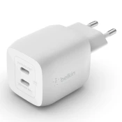 Belkin BOOST CHARGE™ Dual 45W USB-C Power Delivery GaN PPS Stenski polnilnik, bel