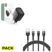 PACK KABEL TECH-PROTECT ULTRABOOST 3IN1 LIGHTNING & TYPE-C & MICRO-USB CABLE 3A 120CM BLACK + OMREŽNI POLNILEC TECH-PROTECT C12W 2-PORT NETWORK CHARGER 2.4A BLACK