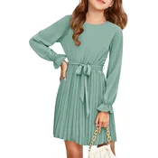 Dekliška midi obleka A-line elegantna zelena z nagubanim spodnjim delom, dolgimi rokavi puffy, okrogel izrez, okrasne vezalke spredaj, za šolo, sprehode, piknik in posebne priložnosti, 5-6 let