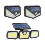 Solarni LED komplet - 2x stenska LED solarna svetilka 136 LED 5W 260lm + 1x solarni reflektor 10W 600lm s senzorjem gibanja in mraka 3 načini delovanja