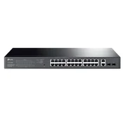 28-port gigabit Easy Smart switch with 24 PoE+ ports, 26 10/100/1000Mbps RJ-45 ports, 2 SFP uplink ports, compliant with 802.3af/at, 250W PoE budget, support Priority Mode, PoE Auto Recovery, 1U 19-inch rack mountable.