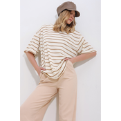 Trend Alaçati Stili Womens Milk Coffee Crew Neck Ribbed Striped 2 Thread Unisex T-Shirt