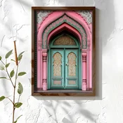 WallXpert uramljena MDF slika NAL051-70, tirkizna vrata u roze orijentalnom luku, 50 x 70 cm