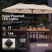Costway Dvosmerni senčnik za teraso 15 ft bež z 144 sončnimi LED lučmi in ročajem za navijanje