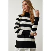 Happiness Istanbul Womens Black Ecru Turtleneck Frilly Striped Knitwear Sweater