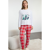 Trendyol White-Multicolored 100% Cotton Christmas Themed Plaid Knitted Pajama Set