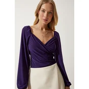 Happiness Istanbul Womens Purple Elastic Balloon Sleeve Sandy Knitted Blouse