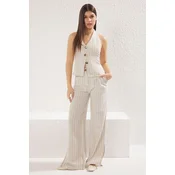 Trendyol Beige Linen Blend Striped Back Open Vest & Wide Leg Trousers Woven Bottom-Top Set