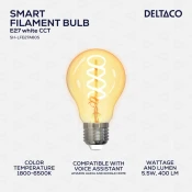 DELTACO SMART HOME Spiralna LED filament žarulja, E27, WiFI 2.4GHz, 5.5W, 470lm, 1800K-6500K,220-240