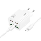 Hoco Mrežni polnilnik za telefon Hoco 2 x USB-C + 2 x USB-A QC3.0 PD 3A 30W + kabel USB-C na Lightning N56, bel