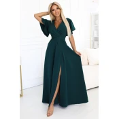 581-8 JENNIFER long dress with a leg slit, sleeves and a neckline - bottle green