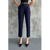 67537 Dewberry Skinny Leg Belted Women Trousers-NAVY