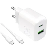 Puro USB-A na USB-C omrežni polnilnik z 25 W 1,2 m USB-C kablom – bel