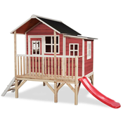 Hišica iz cedre na stebrih Loft 350 Red Exit Toys velika z vodoodporno streho in toboganom rdeča