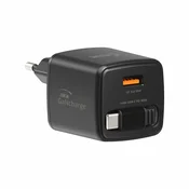 SWISSTEN Swissten GaN 1x USB-A 18W polnilec + USB-C kabel 30W 0,75m, črn