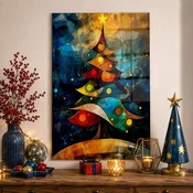 WallXpert slika na kaljenom staklu CAM12359, šarena apstraktna novogodišnja jelka sa zvezdom na tamnoplavoj pozadini, 50 x 70 cm