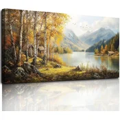 Nikcorp Slika na platnu Podeželska pokrajina ob reki, XXL panoramska stenska dekoracija, HD tisk na umetniškem platnu, 59x119 cm, pripravljeno za obešanje s kavlji, za dnevno sobo, spalnico ali pisarno