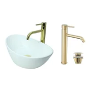 shumee GTM Design Aufsatzwaschbecken 55 cm Glanz Set mit Waschtischbatterie und Stopfen - Aufsatzwaschbecken Oval für Badezimmer - Modern Waschbecken ohne Hahnloch - Waschbecken mit Armature
