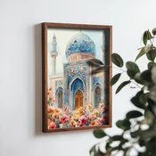 WallXpert uramljena MDF slika NAL068-46, plava džamija sa kupolom i minaretima medu cvecem, 35,5 x 47 cm