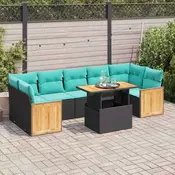 vidaXL Vrtna sedežna garnitura z blazinami 10-delna črn ratan/akacija
