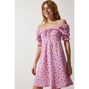 Happiness Istanbul Womens Light Pink Gathered V-Neck Patterned Knitted Dress
