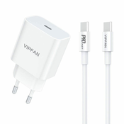 Vipfan E04 omrežni polnilnik, USB-C, 20 W, QC 3.0 + kabel USB-C (bel)