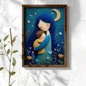 WallXpert uramljena MDF slika NAL035-46, majka grli dete pod mesecom, stil vunene aplikacije, 35,5 x 47 cm